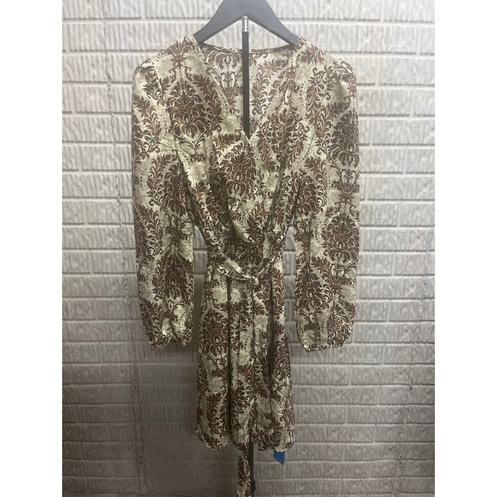 Cupshe Brown Damask Print Wrap Mini Dress V-Neck Long Sleeve Tie Waist Small NEW